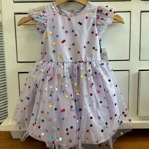 Purple tulle party dress with metallic polka dots